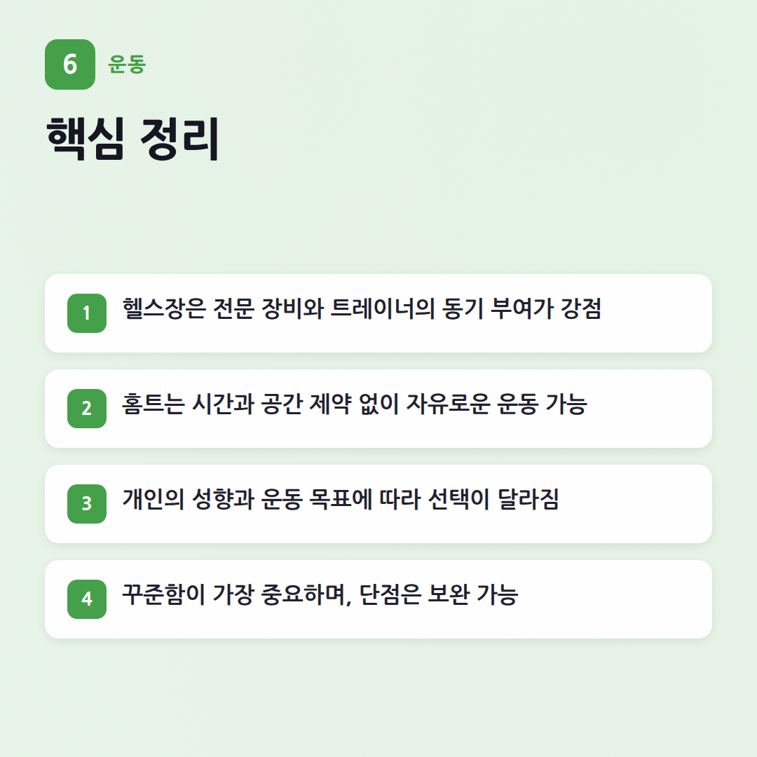 헬스장 vs 홈트 비교: 핏코치가 알려주는 현명한 선택 가이드 - 핵심 포인트